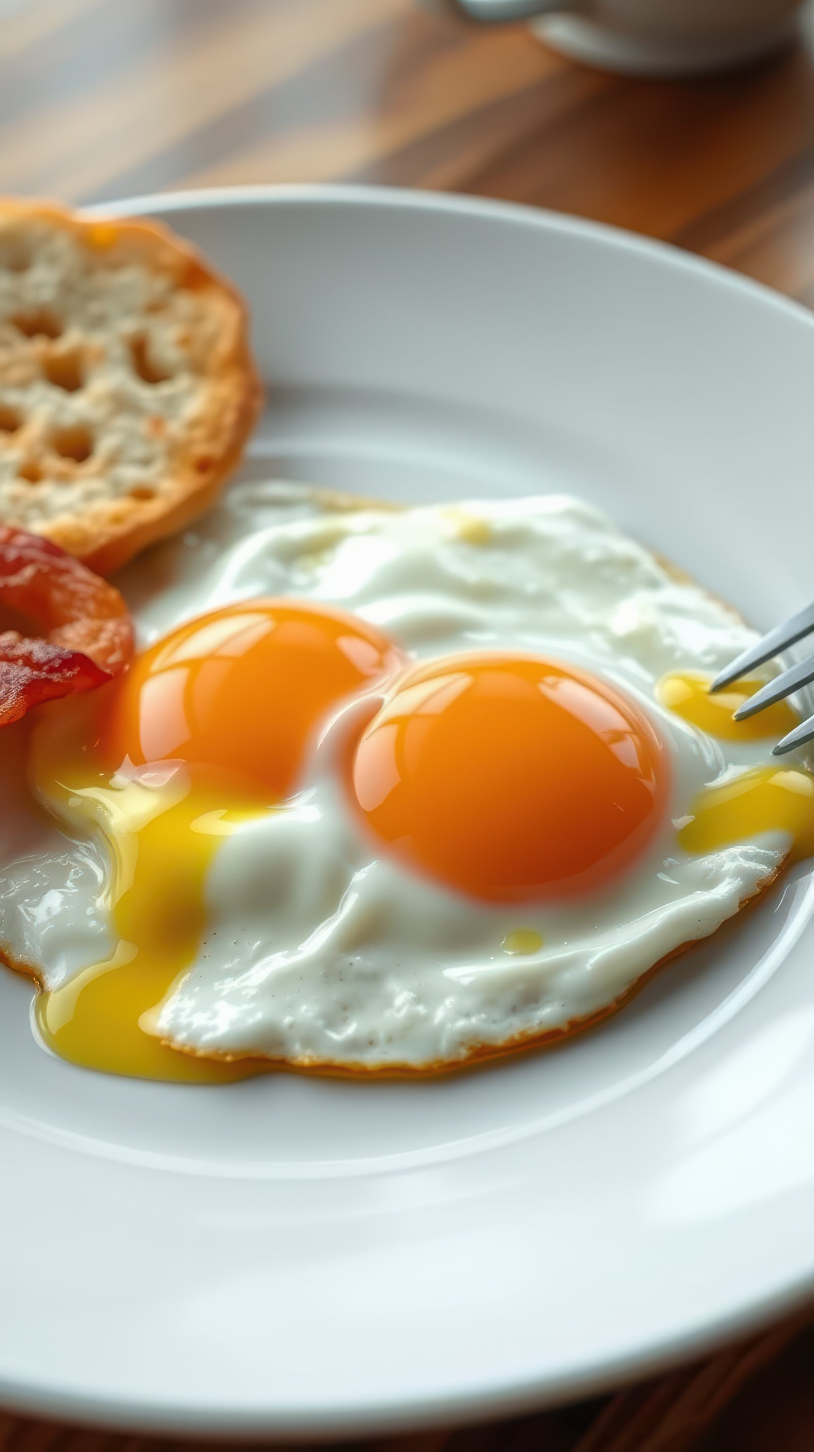 Delicious breakfast featuring sunny side up eggs and crispy bacon on a white plate